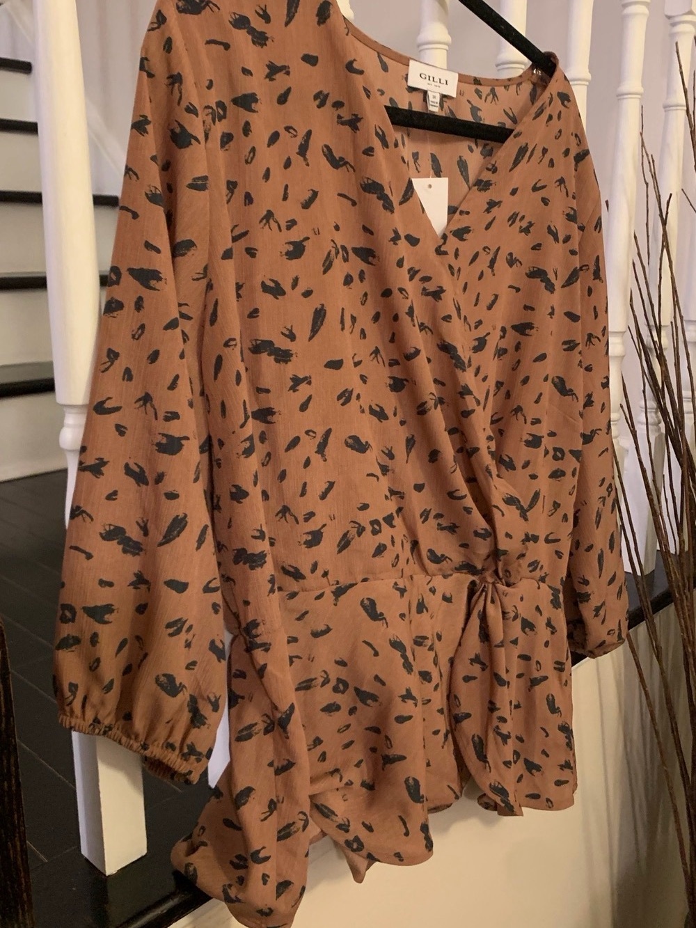 Gilli Brown Blouse with Black Abstract Print and Tie